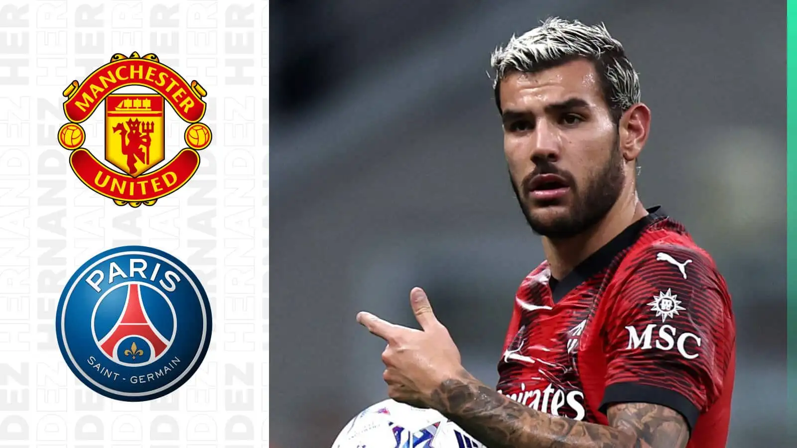 Theo Hernandez next to the Man Utd and PSG badges