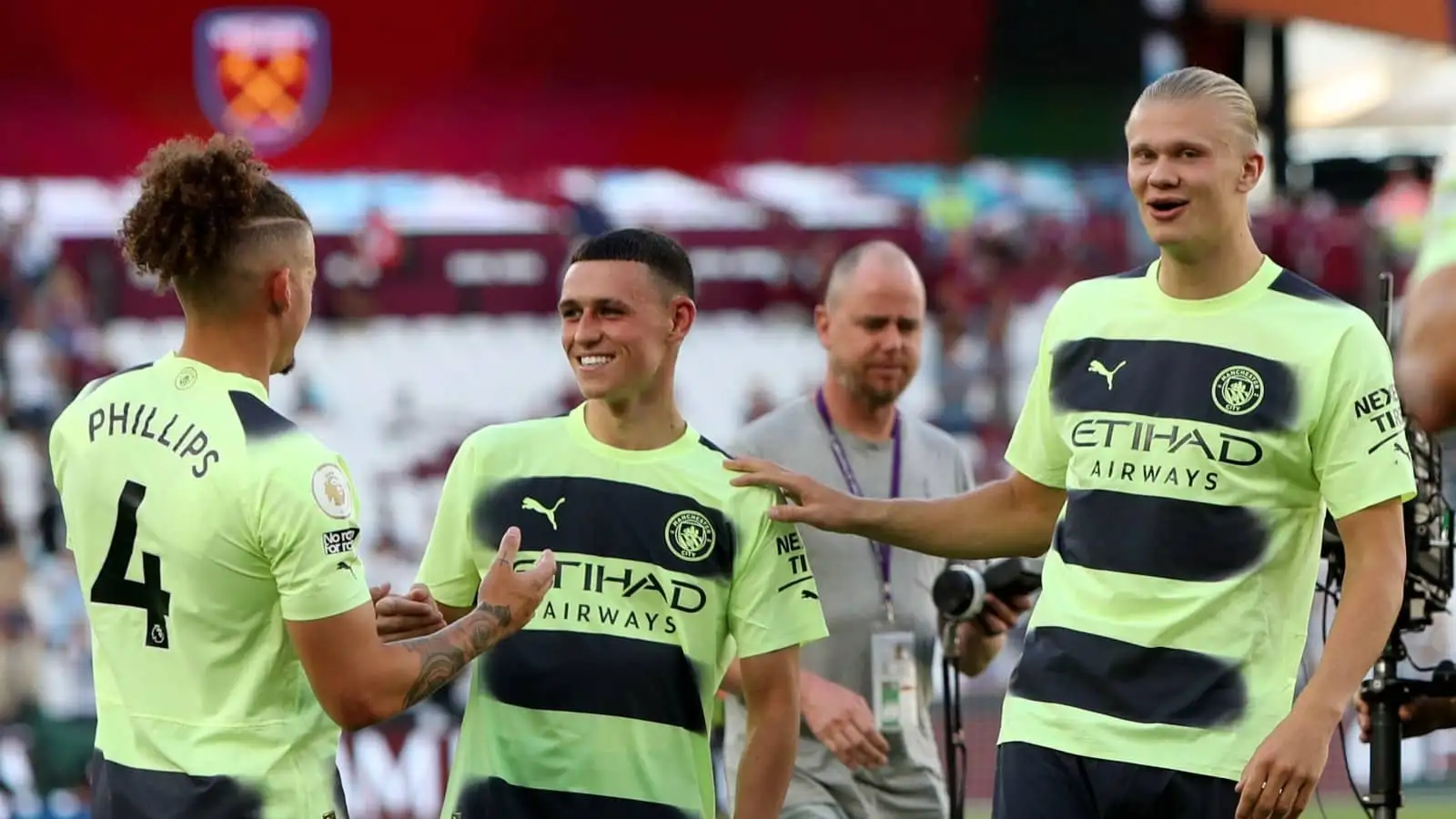 Kalvin Phillips, Phil Foden and Erling Haaland of Man City