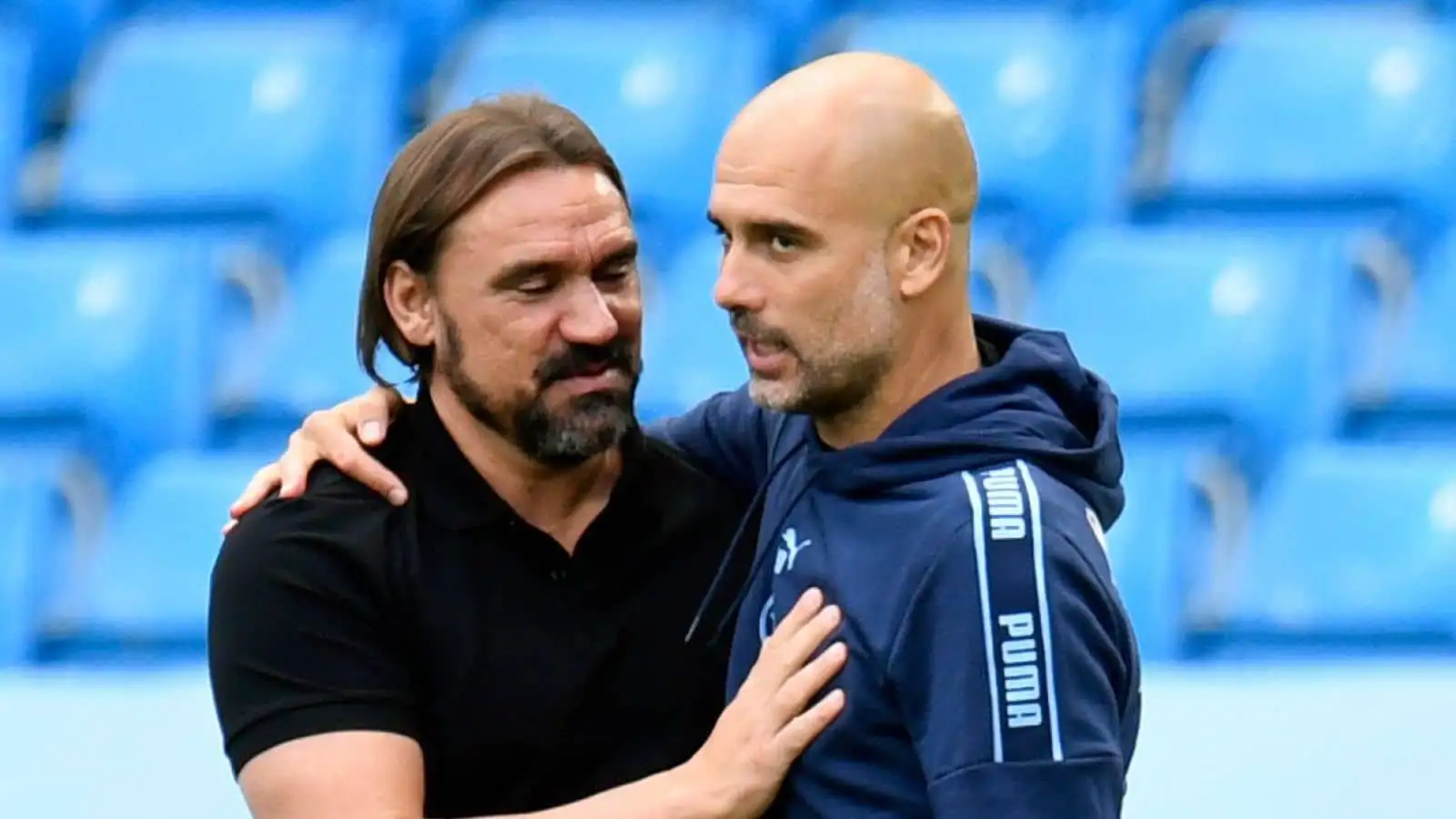 Leeds manager Daniel Farke with Man City boss Pep Guardiola