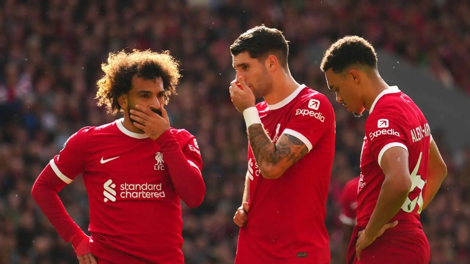 Mo Salah, Dominik Szoboszlai and Trent Alexander-Arnold of Liverpool