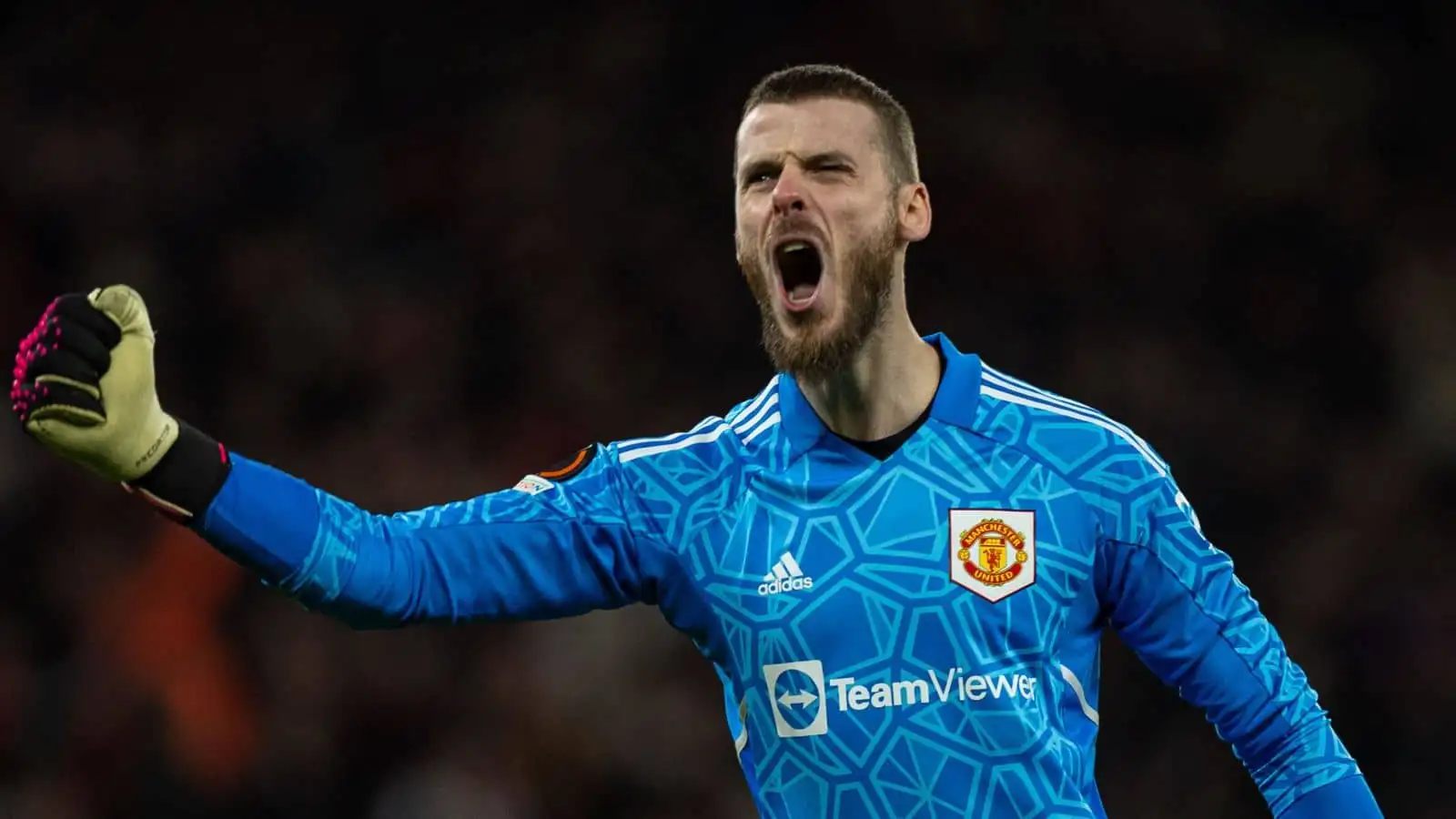 Manchester United's goalkeeper David de Gea celebrates his side's first goal during the UEFA Europa League play-off 2nd leg match between Manchester United and Barcelona in Manchester, Britain
