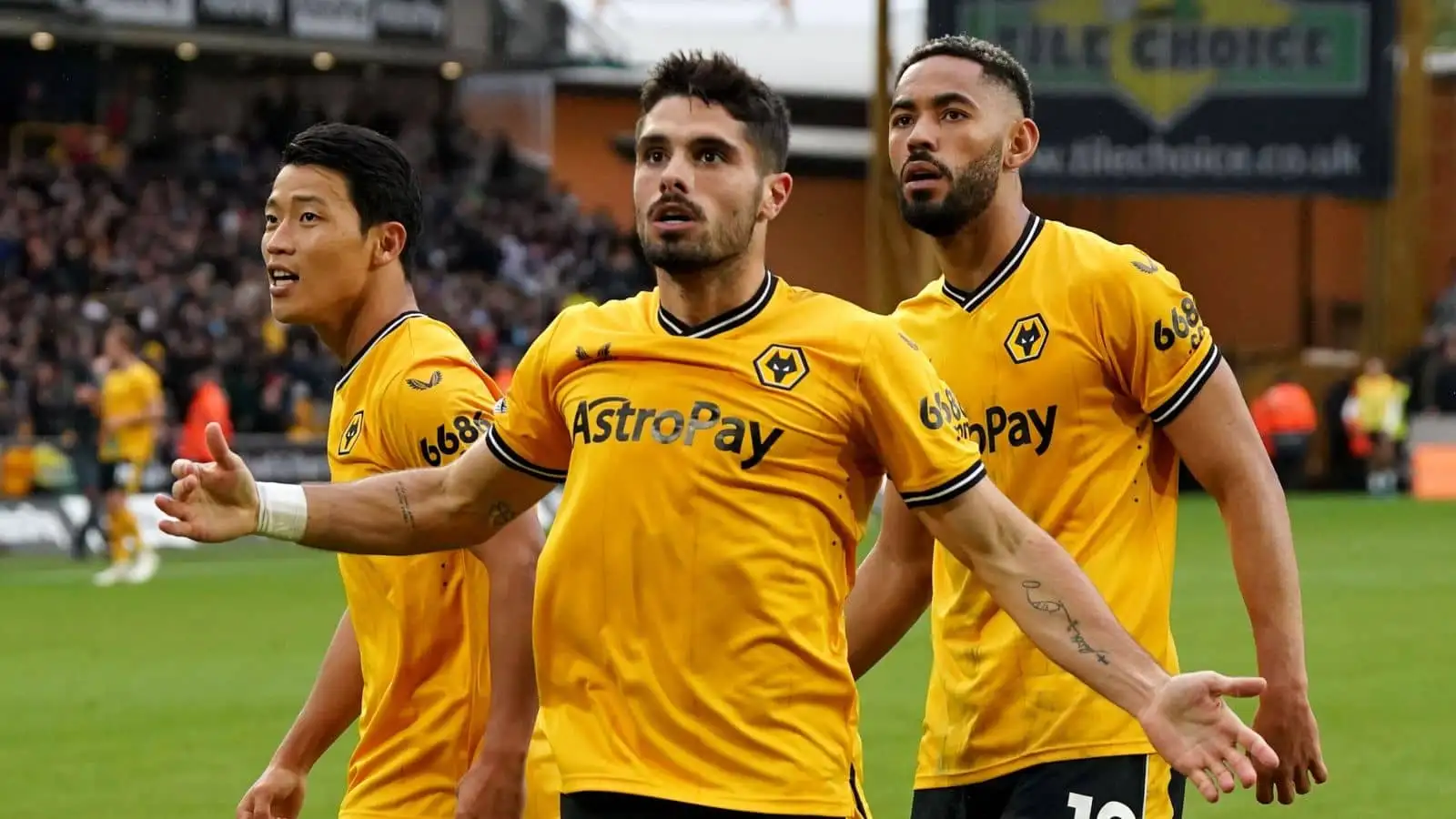 Wolves attackers Hwang Hee-chan, Pedro Neto and Matheus Cunha celebrating