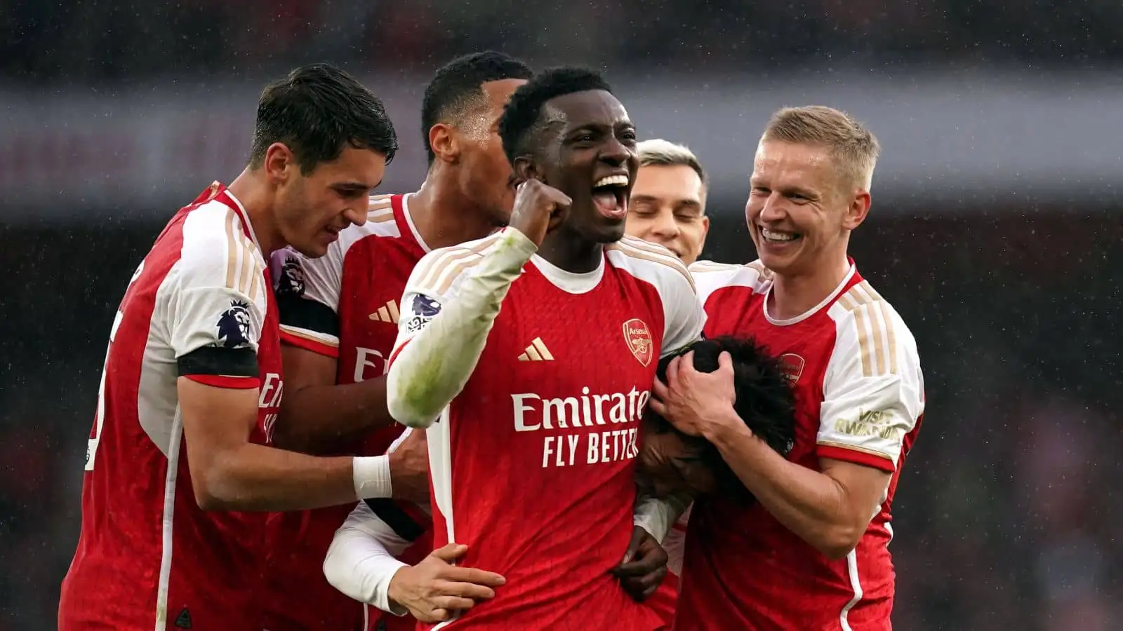 Eddie Nketiah celebrating with Arsenal teammates