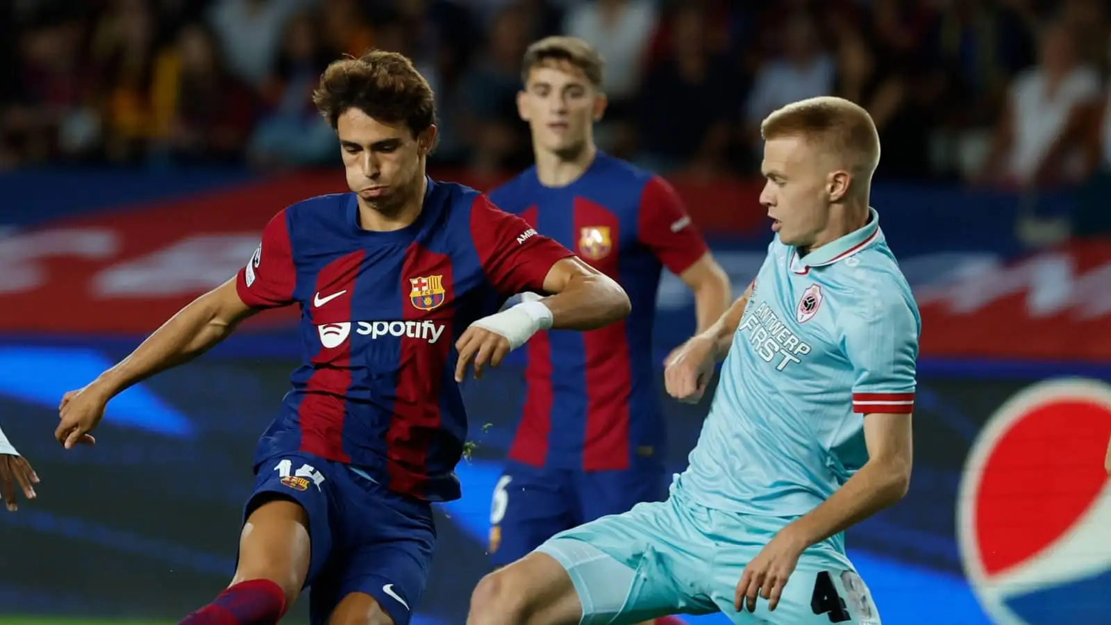 Barcelona forward Joao Felix and Royal Antwerp midfielder Arthur Vermeeren