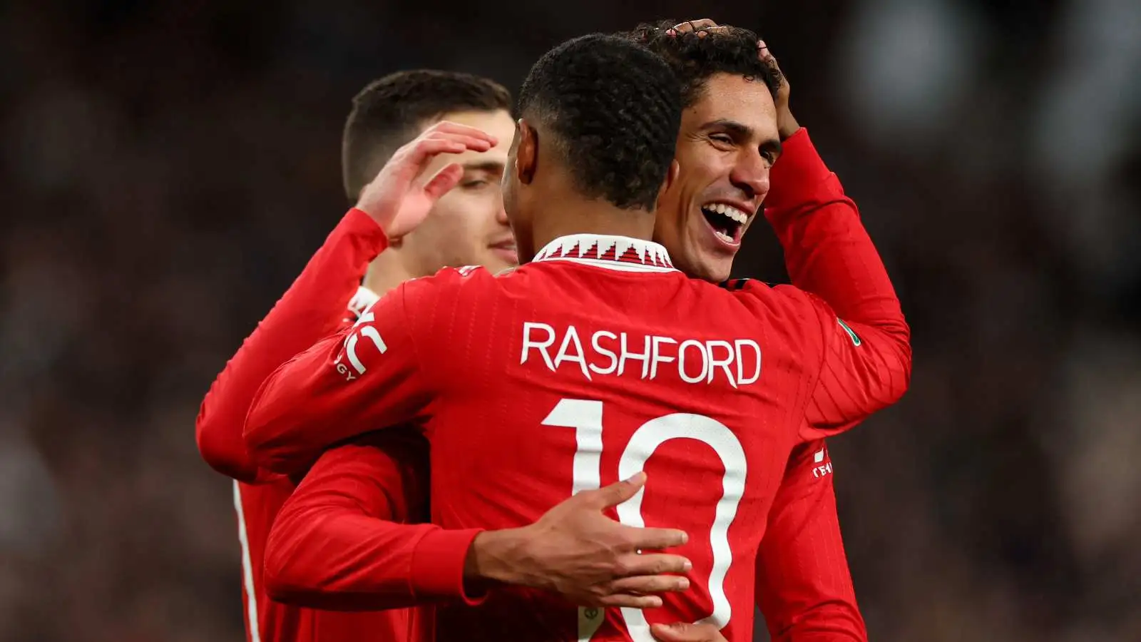 Man Utd duo Raphael Varane and Marcus Rashford celebrate together