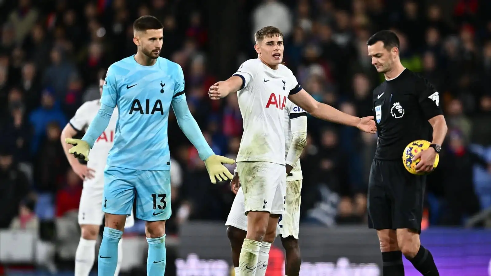 Guglielmo Vicario and Micky van de Ven of Tottenham during the Premier League game against Crystal Palace