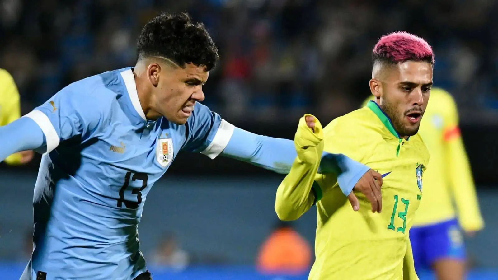 Uruguay winger Maximilano Araujo and Brazil defender Yan Couto