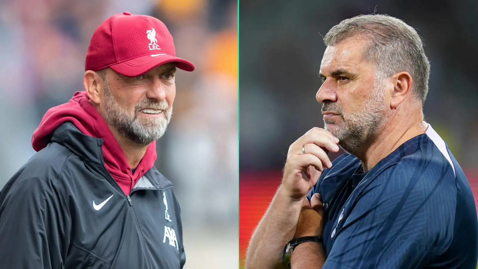 Tottenham manager Ange Postecoglou and Liverpool boss Jurgen Klopp