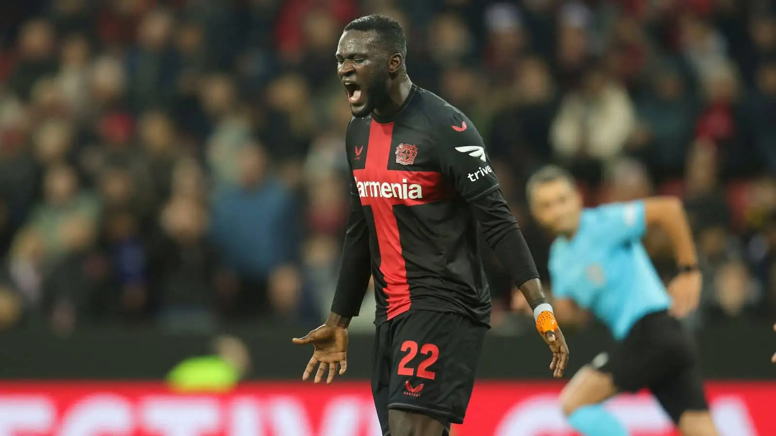 Victor Boniface reacts during a match