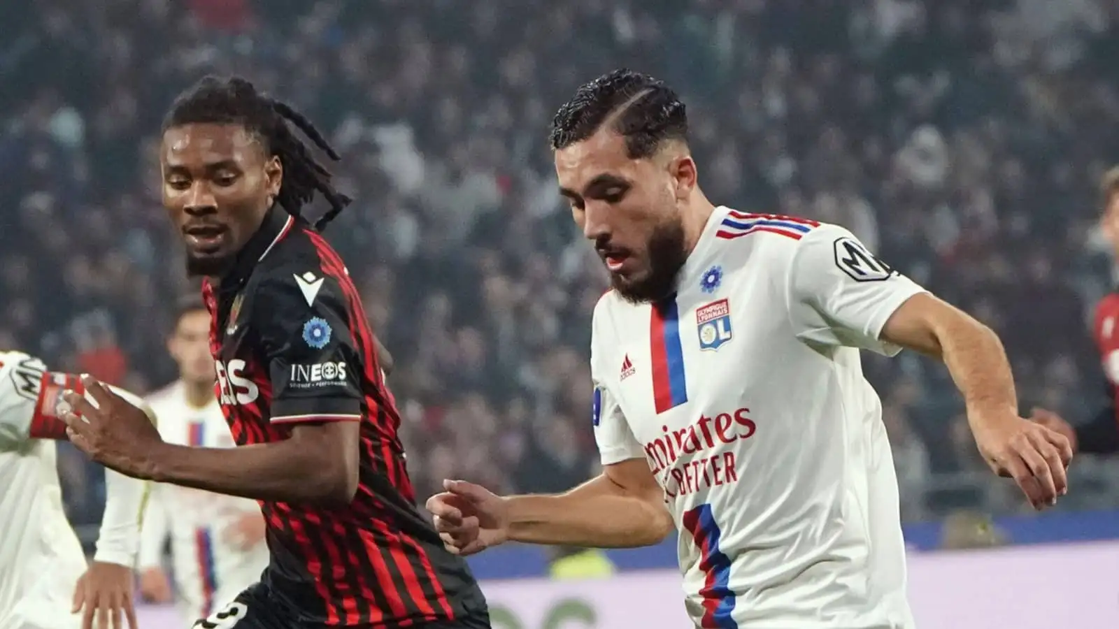 Khephren Thuram and Rayan Cherki in action during Nice vs Lyon Khephren Thuram and Rayan Cherki, Nice vs Lyon