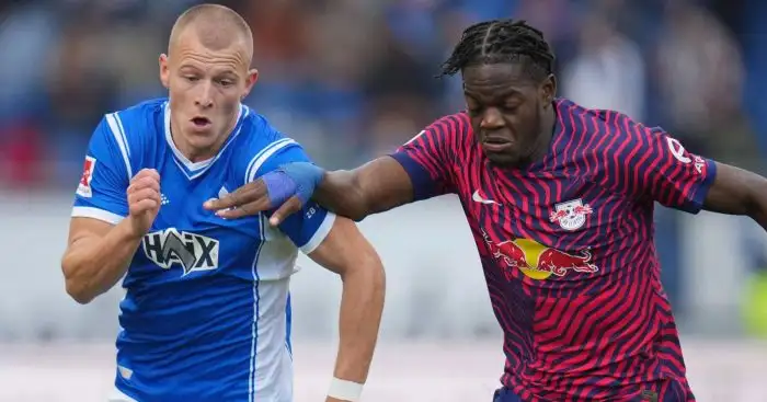 Darmstadt winger Tim Skarke and RB Leipzig defender Castello Lukeba