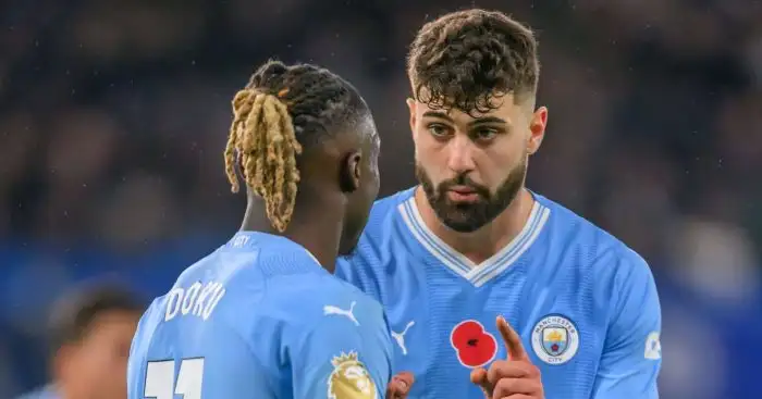 Jeremy Doku and Josko Gvardiol of Manchester City during Premier League game against Chelsea