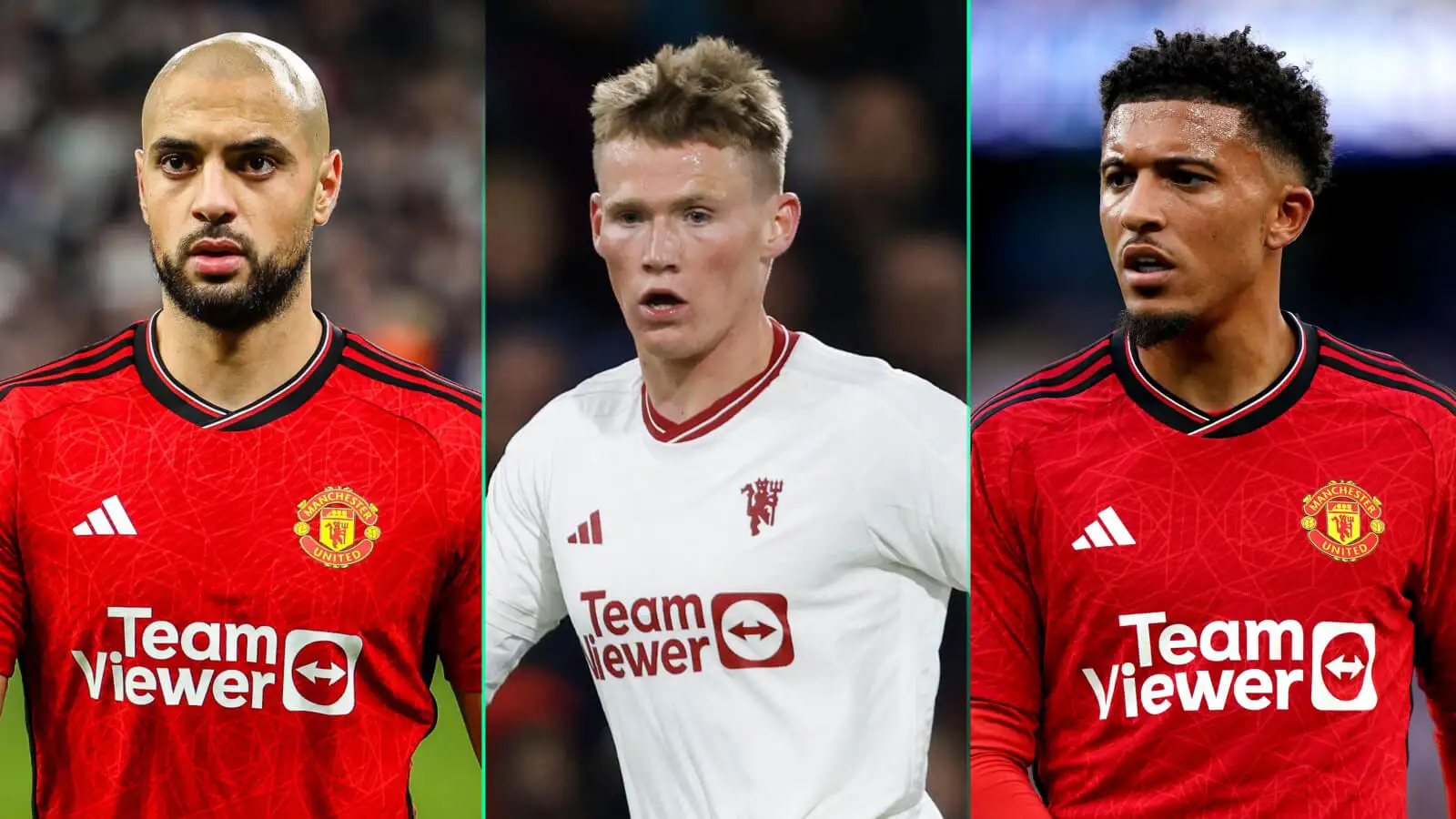 Sofyan Amrabat, Scott McTominay and Jadon Sancho of Man Utd