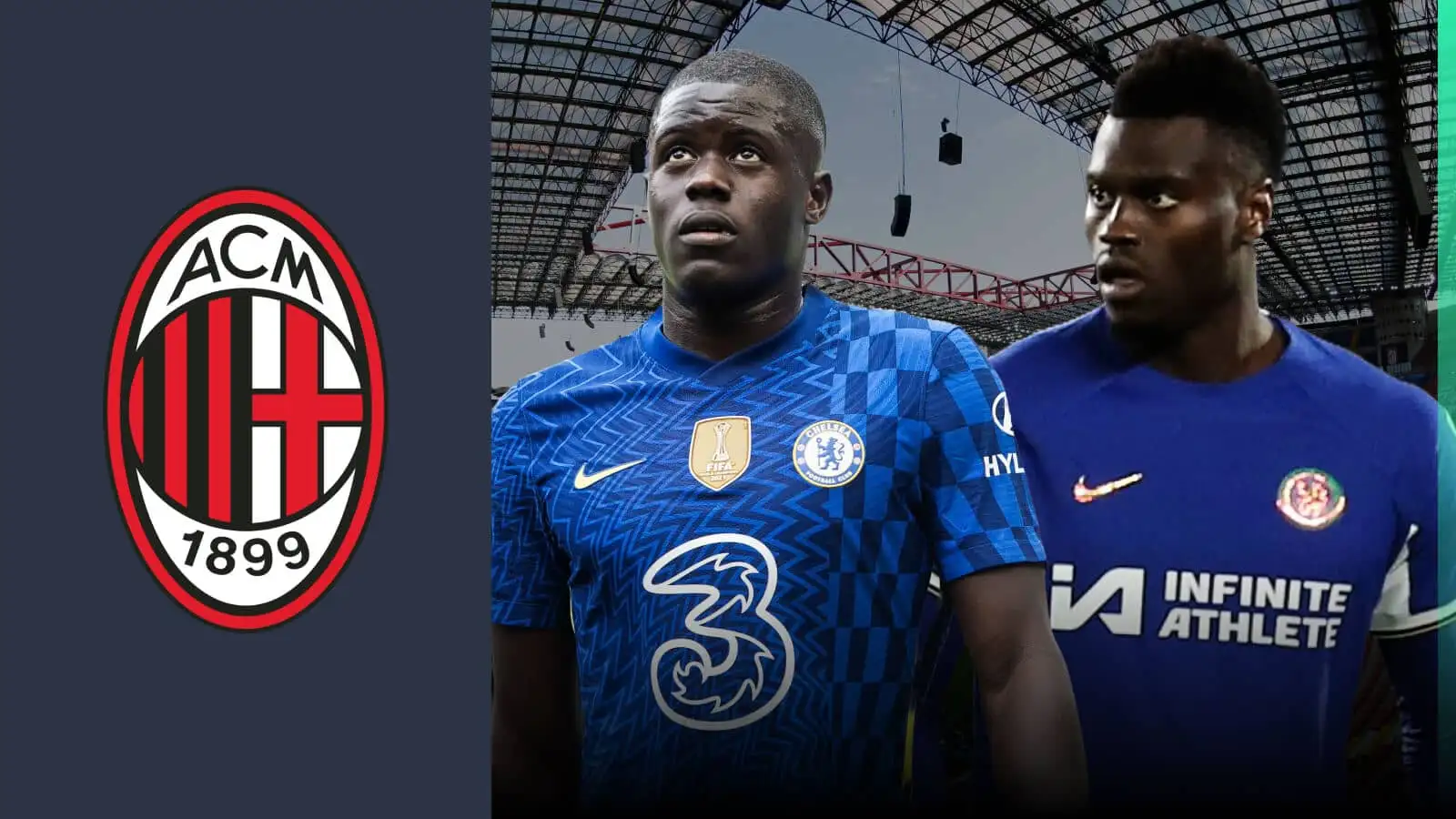 Malang Sarr and Benoit Badiashile next to the AC Milan badge