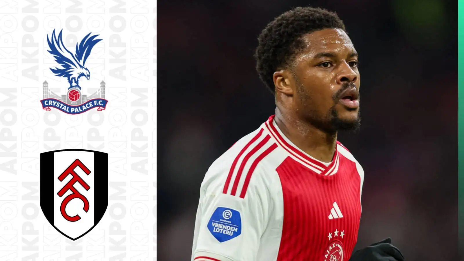 Ajax striker Chuba Akpom next to the Crystal Palace and Fulham badges