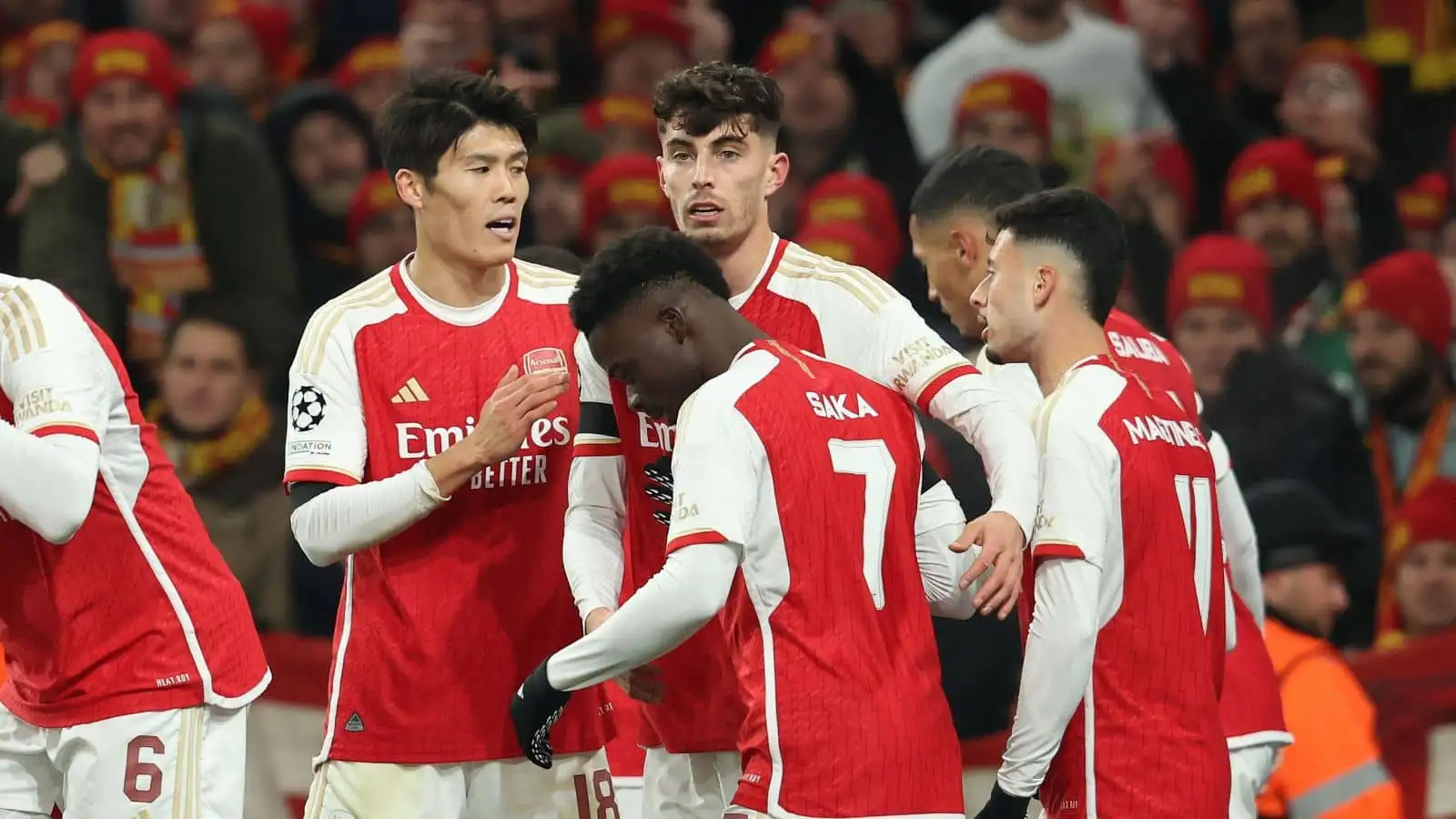 Kai Havertz celebrates an Arsenal goal in the Champions League with Tomiyasu, Bukayo Saka and Gabriel Martinelli