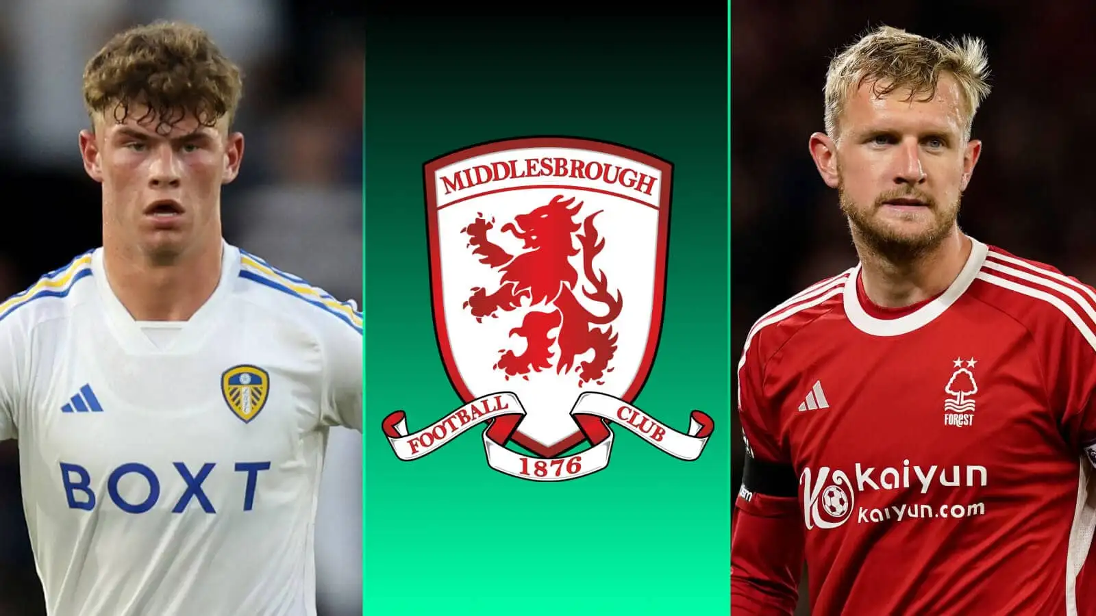 Charlie Cresswell and Joe Worrall either side of the Middlesbrough badge