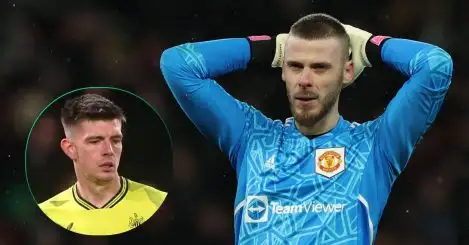 David de Gea playing for Man Utd, with Newcastle's Nick Pope pictured in a bubble next to him