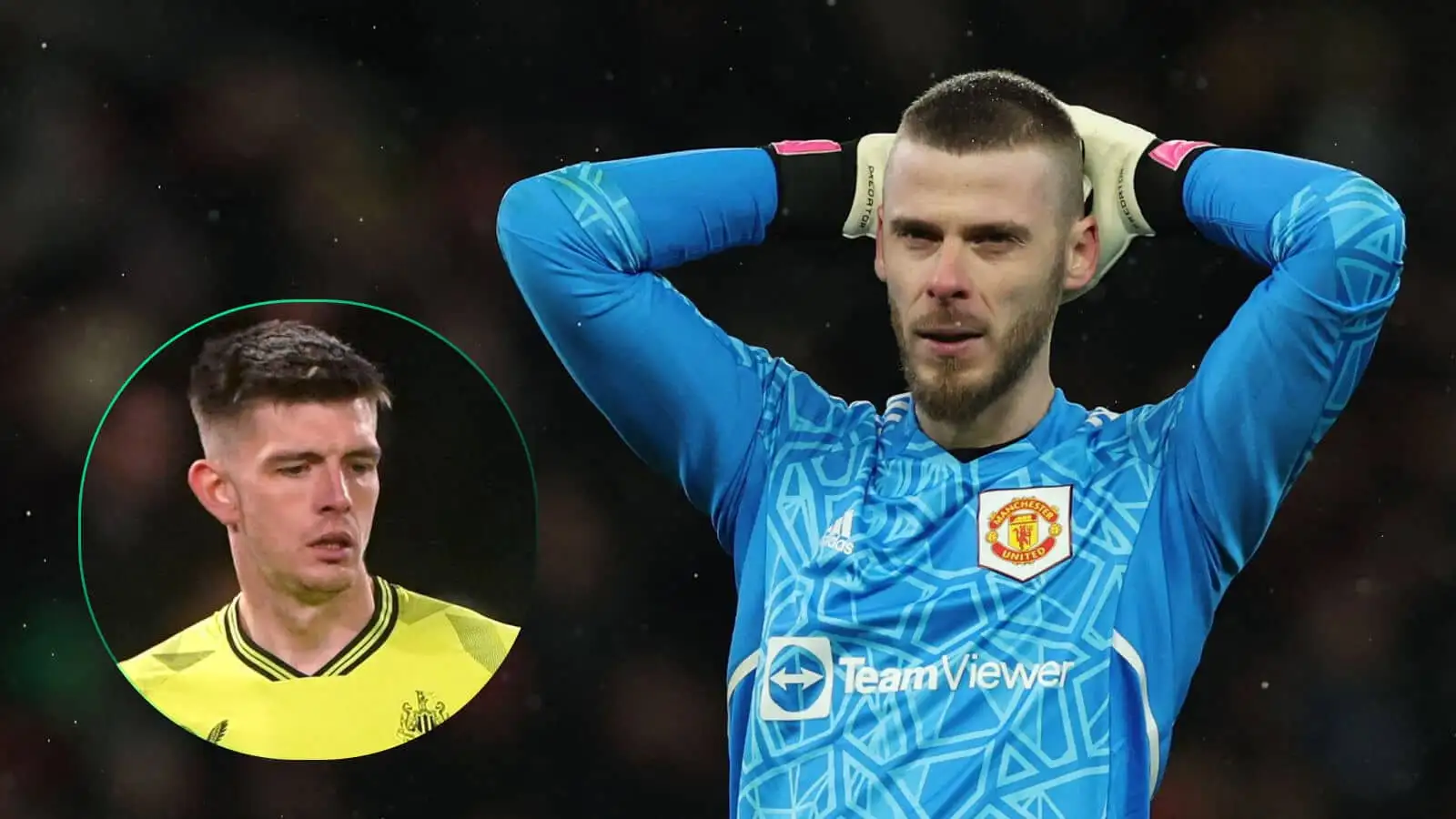 David de Gea playing for Man Utd, with Newcastle's Nick Pope pictured in a bubble next to him