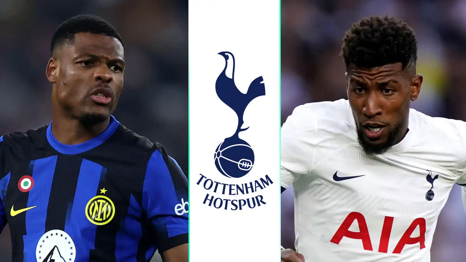 Denzel Dumfries and Emerson Royal either side of the Tottenham badge