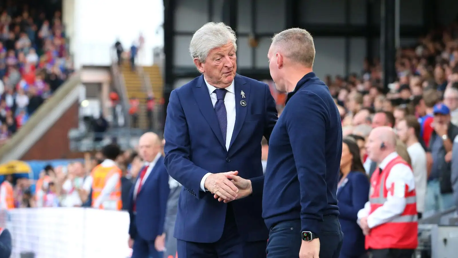 Crystal Palace manager Roy Hodgson greets Nottingham Forest manager Steve Cooper
