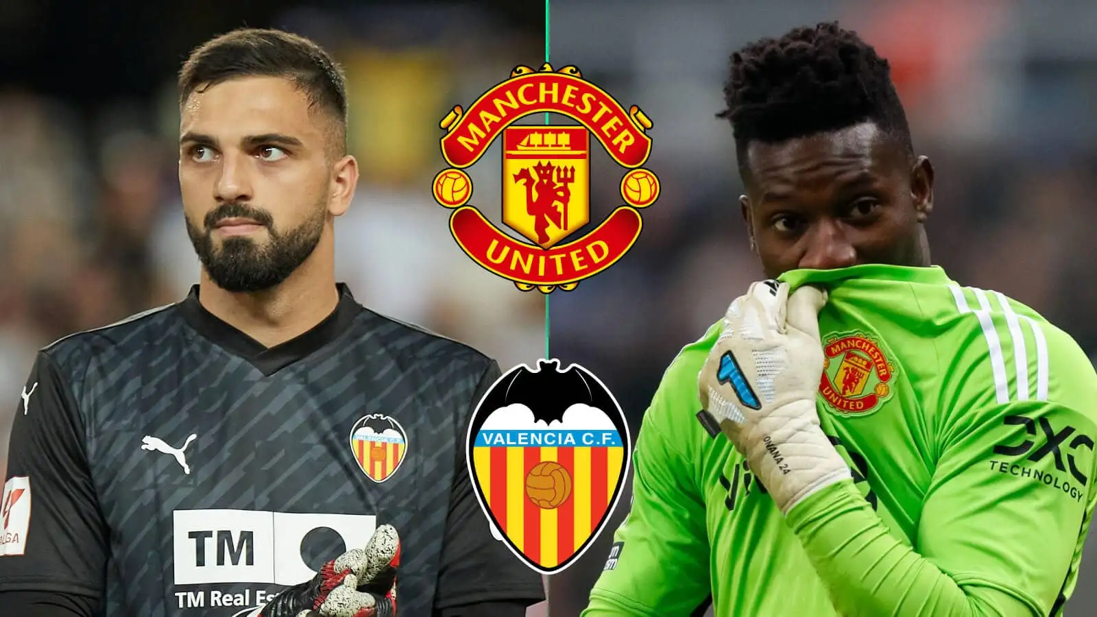 Giorgi Mamardashvili of Valencia and Man Utd keeper Andre Onana