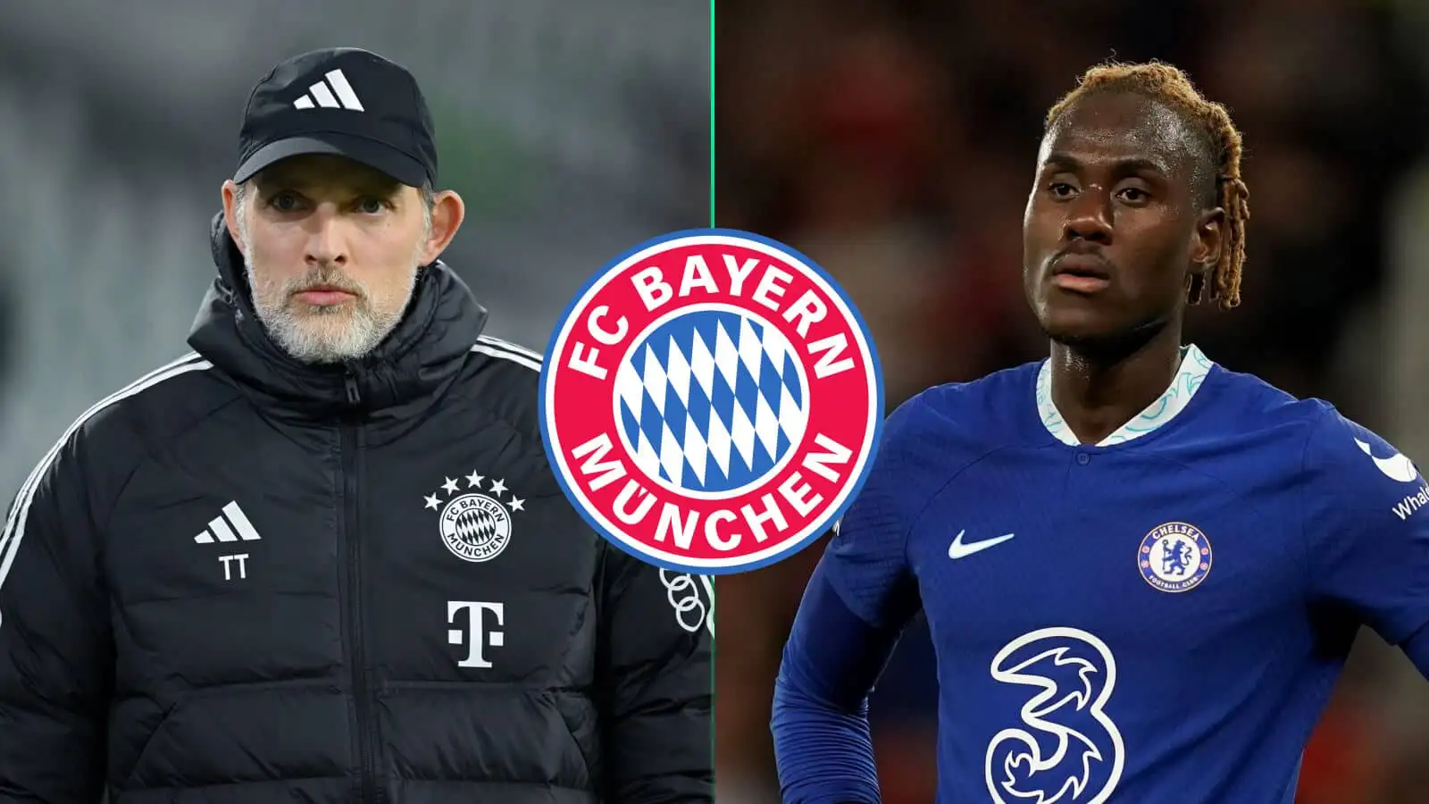 Thomas Tuchel and Trevoh Chalobah either side of the Bayern Munich badge