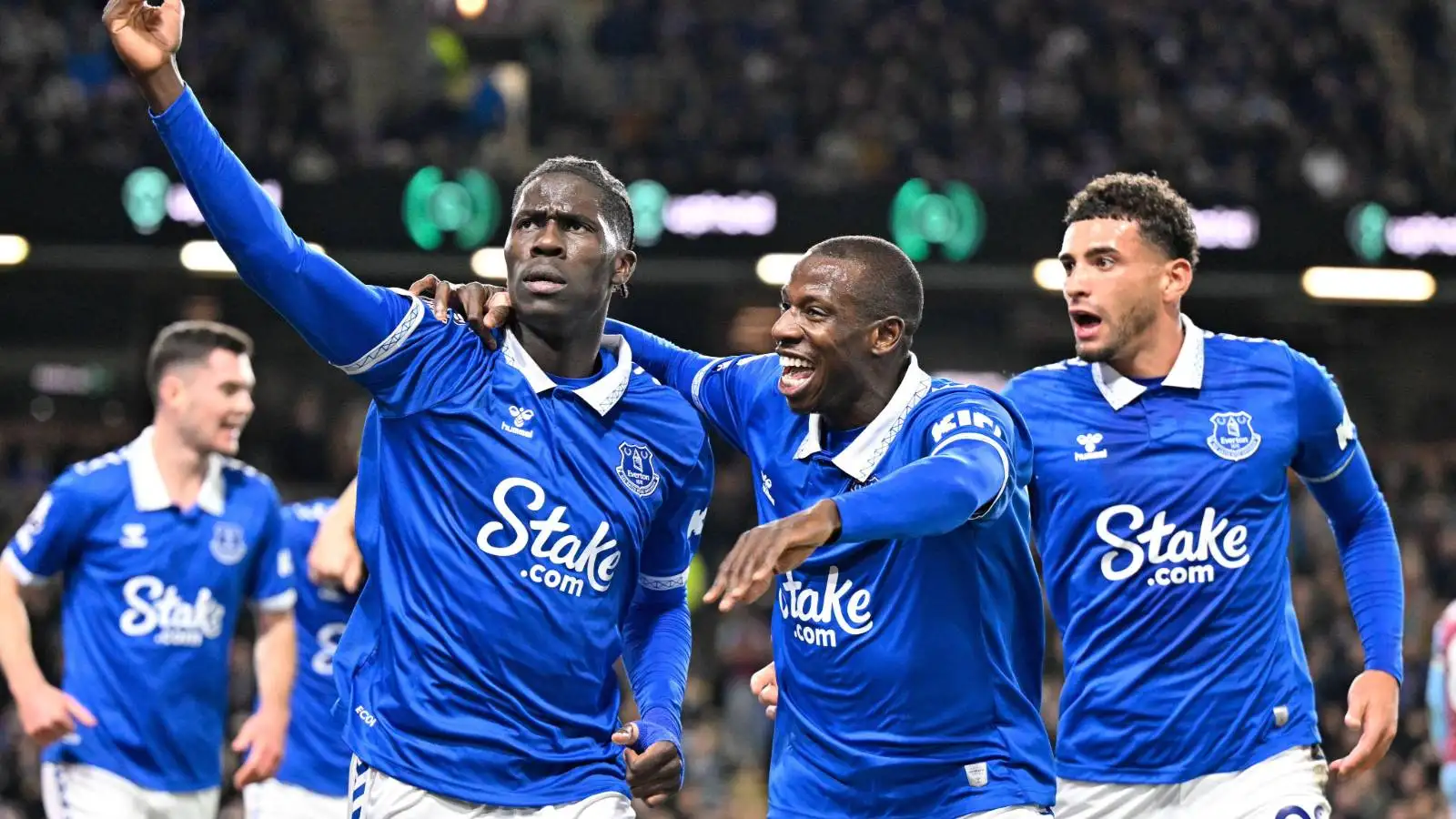 Arsenal linked Everton midfielder Amadou Onana celebrates with teammates