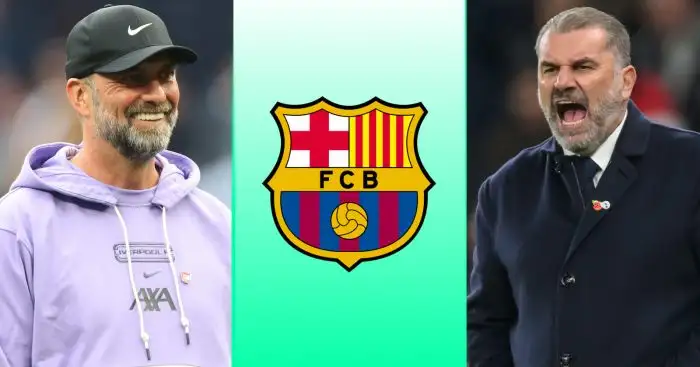 Liverpool manager Jurgen Klopp, Tottenham manager Ange Postecoglou, Barcelona badge