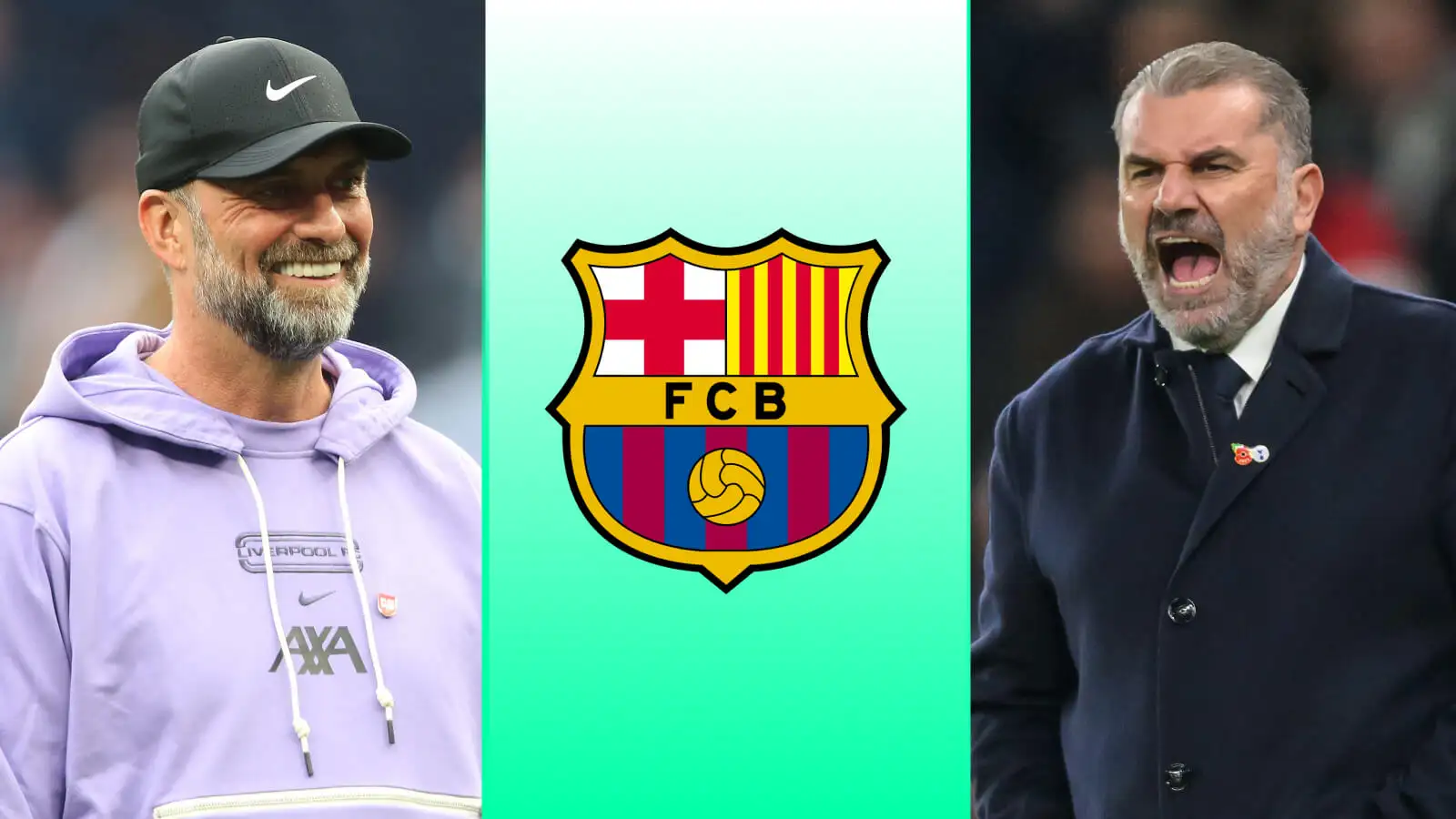 Liverpool manager Jurgen Klopp, Tottenham manager Ange Postecoglou, Barcelona badge