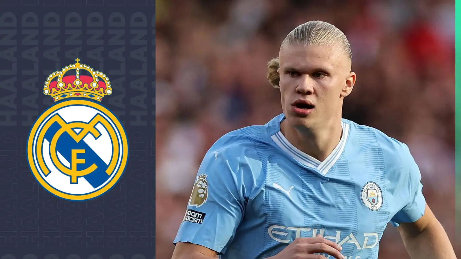 The Real Madrid badge and Manchester City striker Erling Haaland