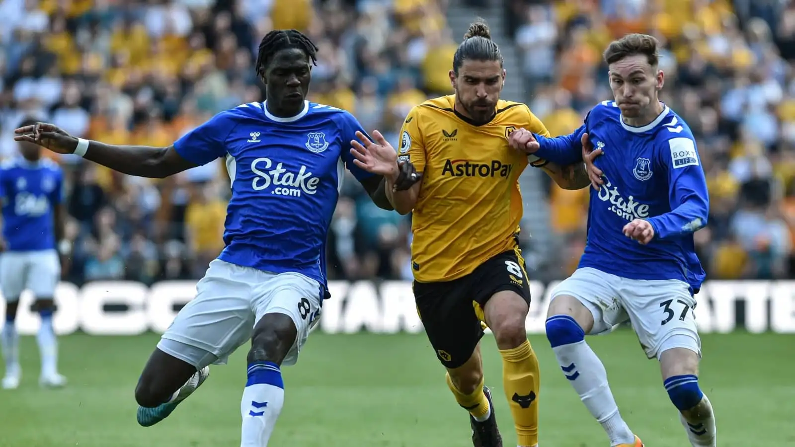 Amadou Onana and James Garner battle Ruben Neves, Everton vs Wolves