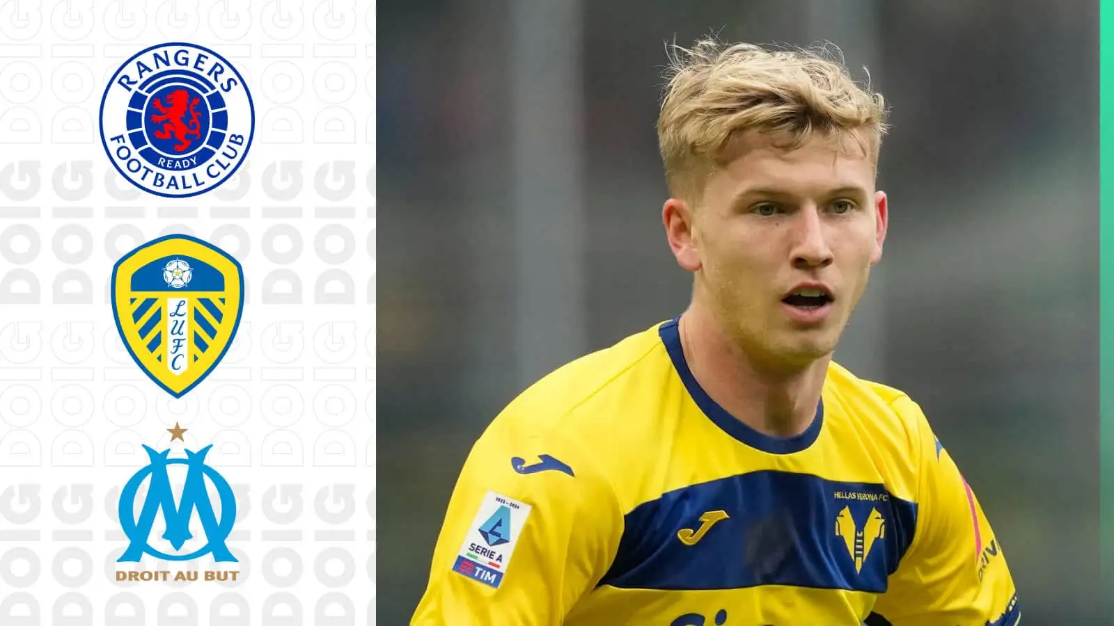 Rangers, Leeds and Marseille target Josh Doig Josh Doig next to the Rangers, Leeds and Marseille badges