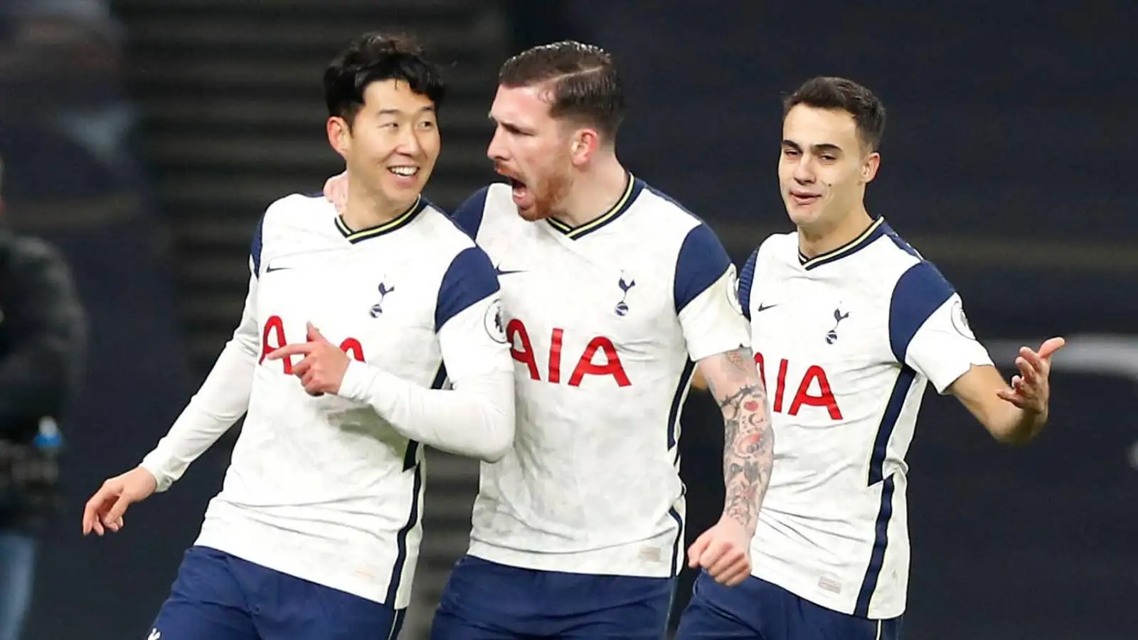 Son Heung-min, Pierre-Emile Hojbjerg and Sergio Reguilon of Tottenham