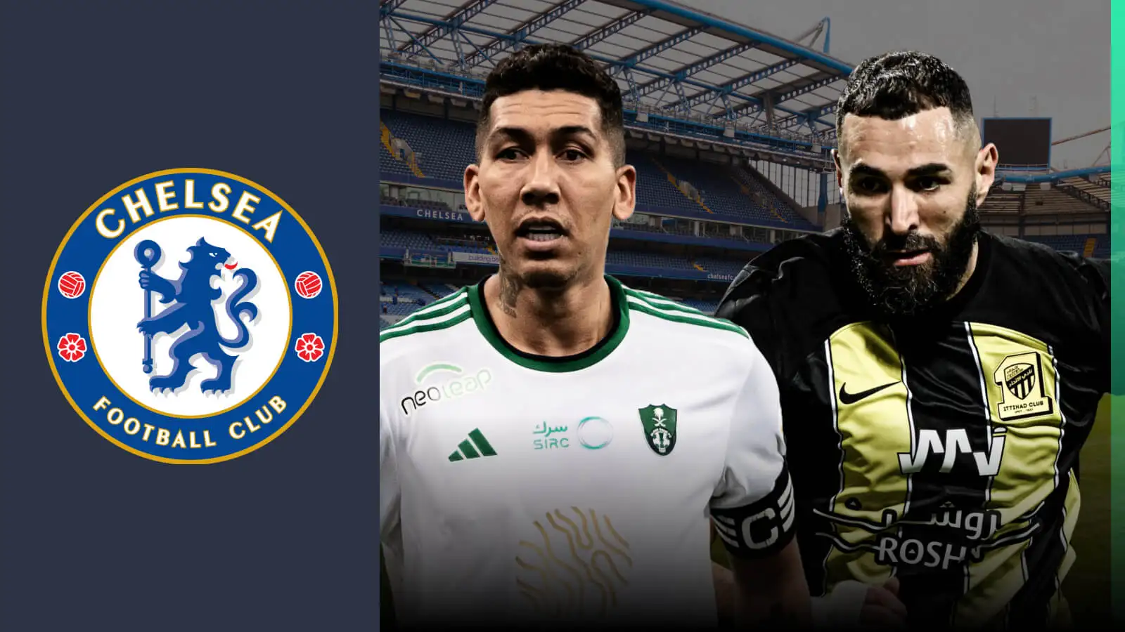 Chelsea badge, Roberto Firmino, Karim Benzema