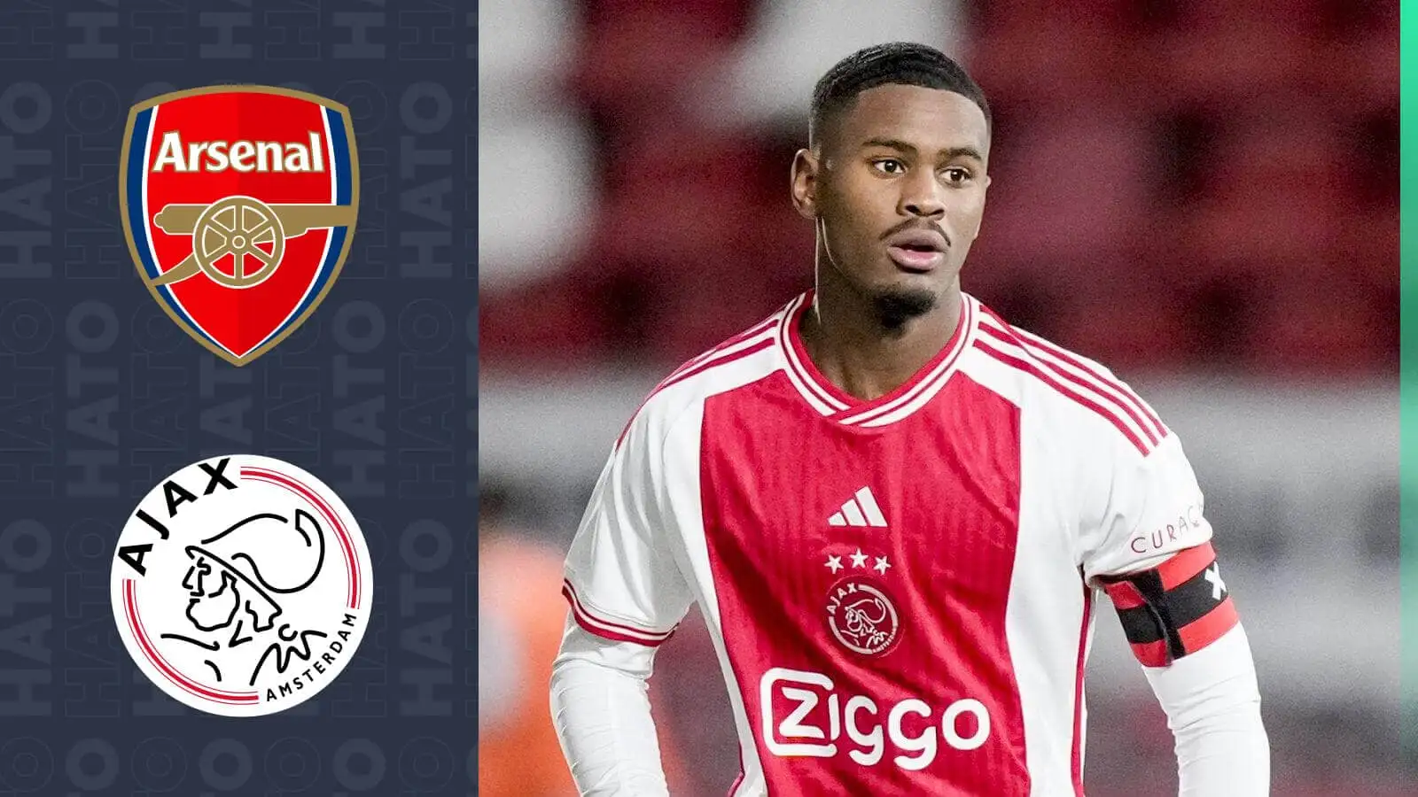 Jorrel Hato next to the Arsenal and Ajax badges