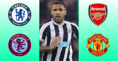 Callum Wilson between the Chelsea, Aston Villa, Arsenal and Man Utd badges
