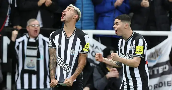 Exit linked Newcastle star Miguel Almiron celebrates with Bruno Guimaraes