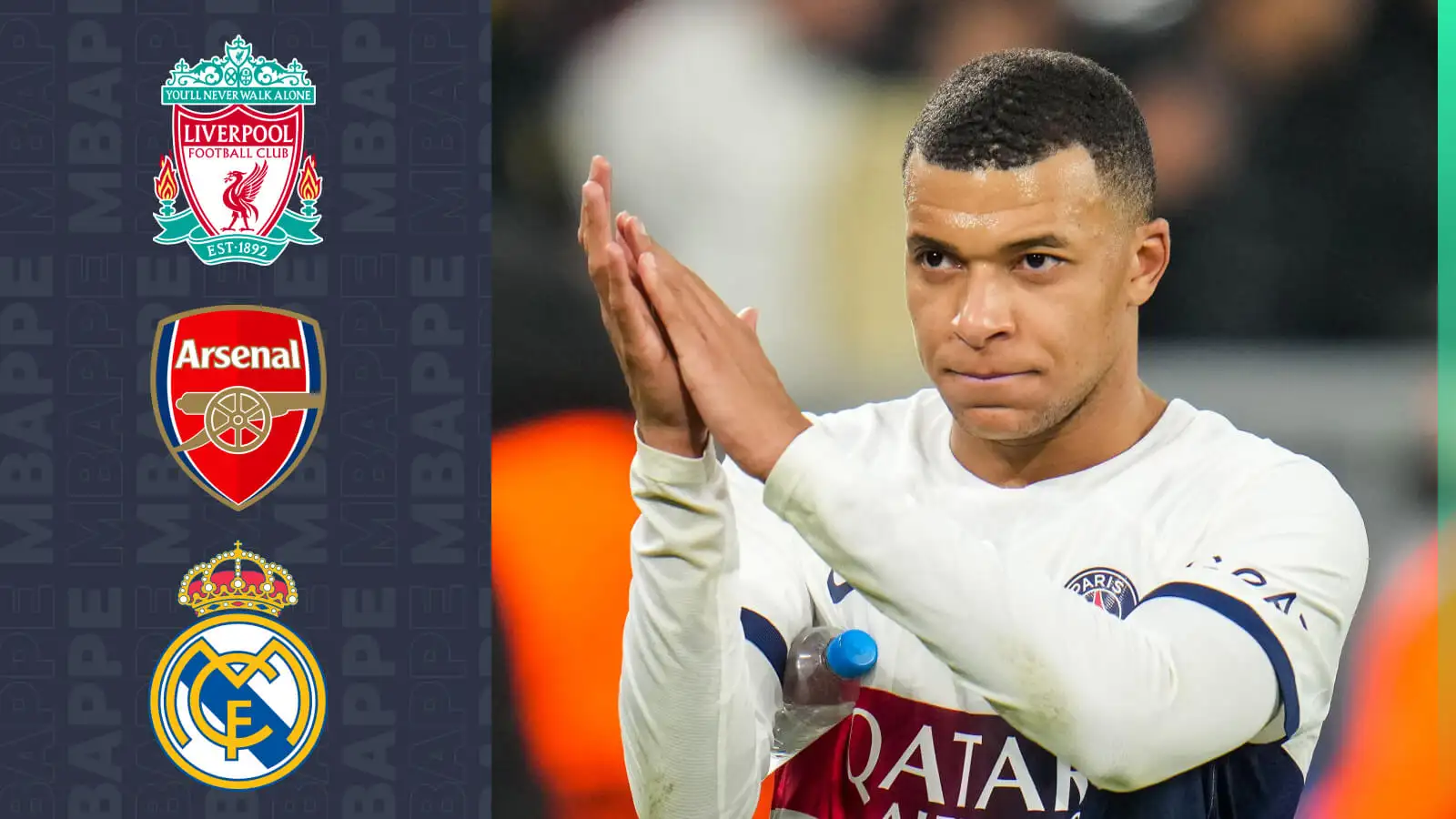 PSG striker Kylian Mbappe, LiverpooL, Arsenal, Real Madrid badges