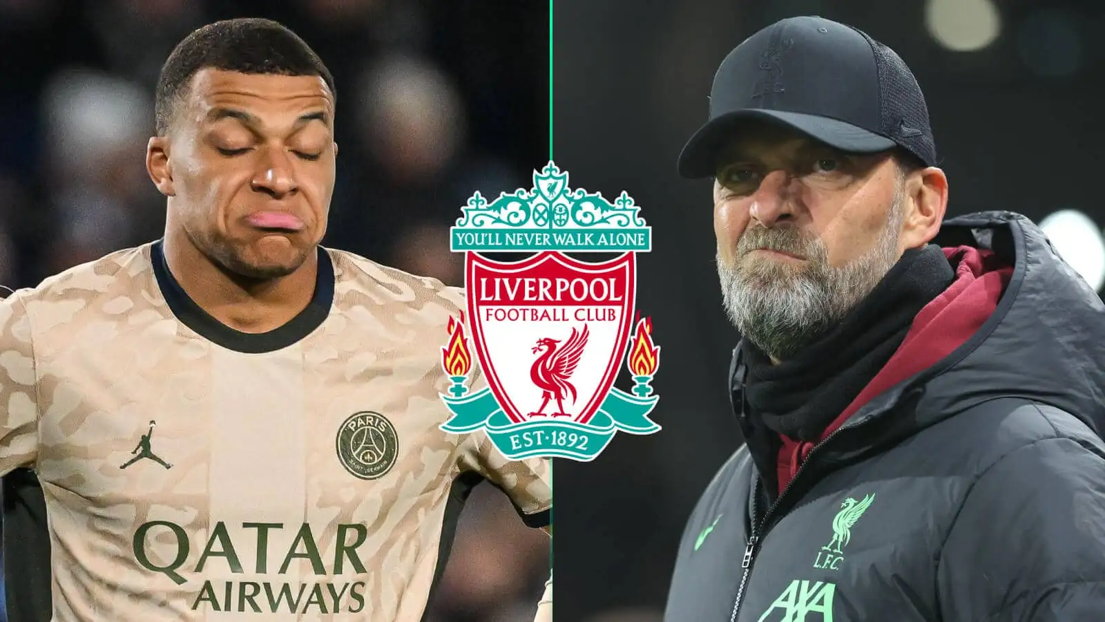 Kylian Mbappe and Jurgen Klopp either side of the Liverpool badge