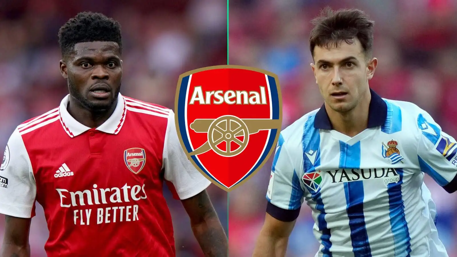 Thomas Partey and Martin Zubimendi either side of the Arsenal badge