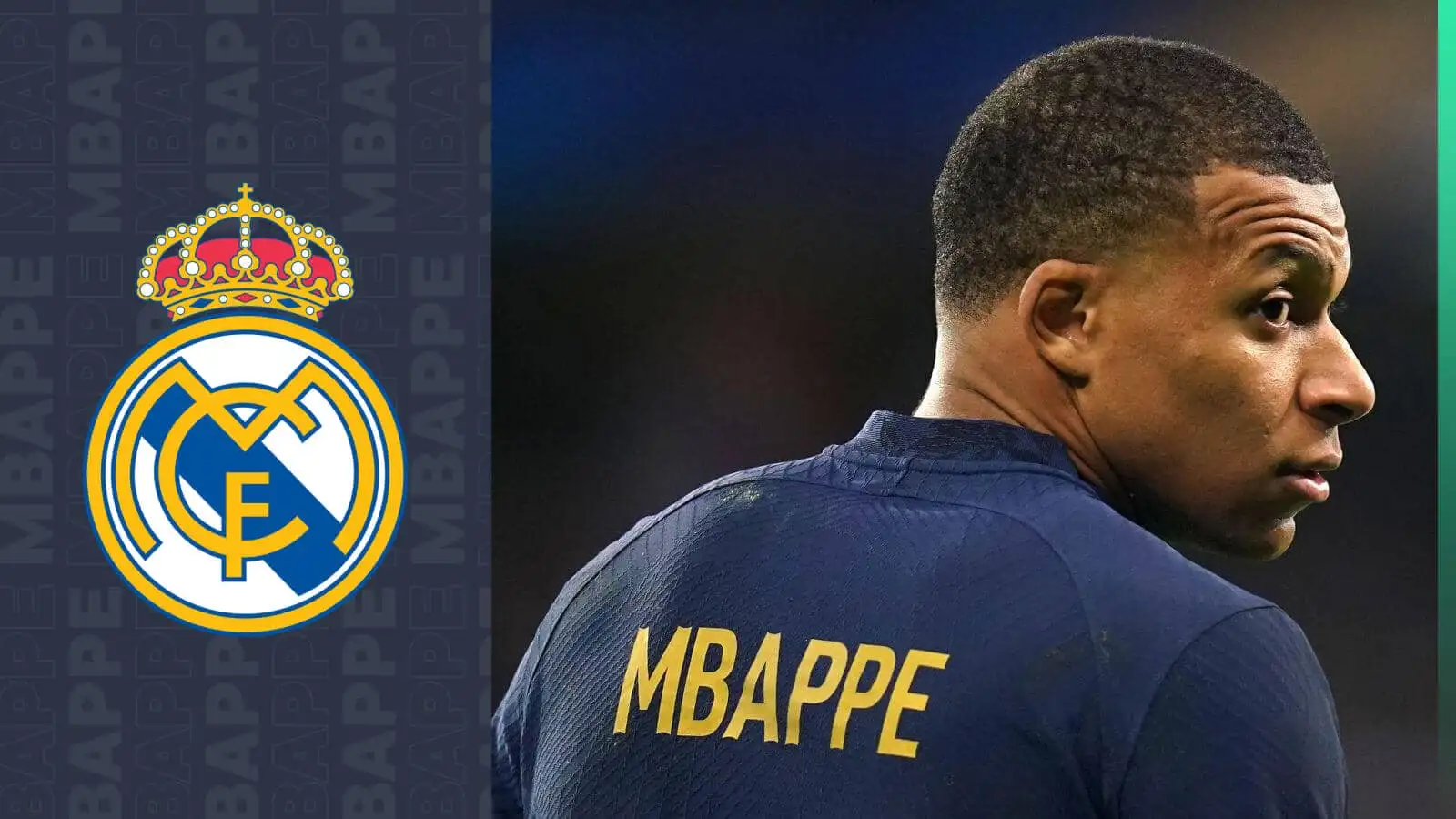 Kylian Mbappe next to the Real Madrid badge