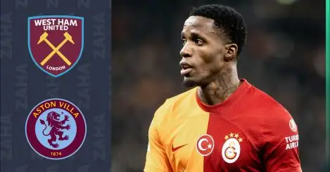 Galatasaray winger Wilfried Zaha and the badges of West Ham United and Aston Villa.