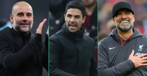 Man City manager Pep Guardiola, Arsenal manager Mikel Arteta, Liverpool manager Jurgen Klopp