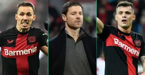 Xabi Alonso (Bayer Leverkusen manager), Alex Grimaldo and Granit Xhaka