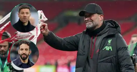 Jurgen Klopp with the Carabao Cup trophy and, inset, potential Liverpool successors Xabi Alonso and Ruben Amorim