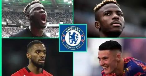 A collage of Chelsea striker targets Victor Boniface, Victor Osimhen, Ivan Toney and Benjamin Sesko