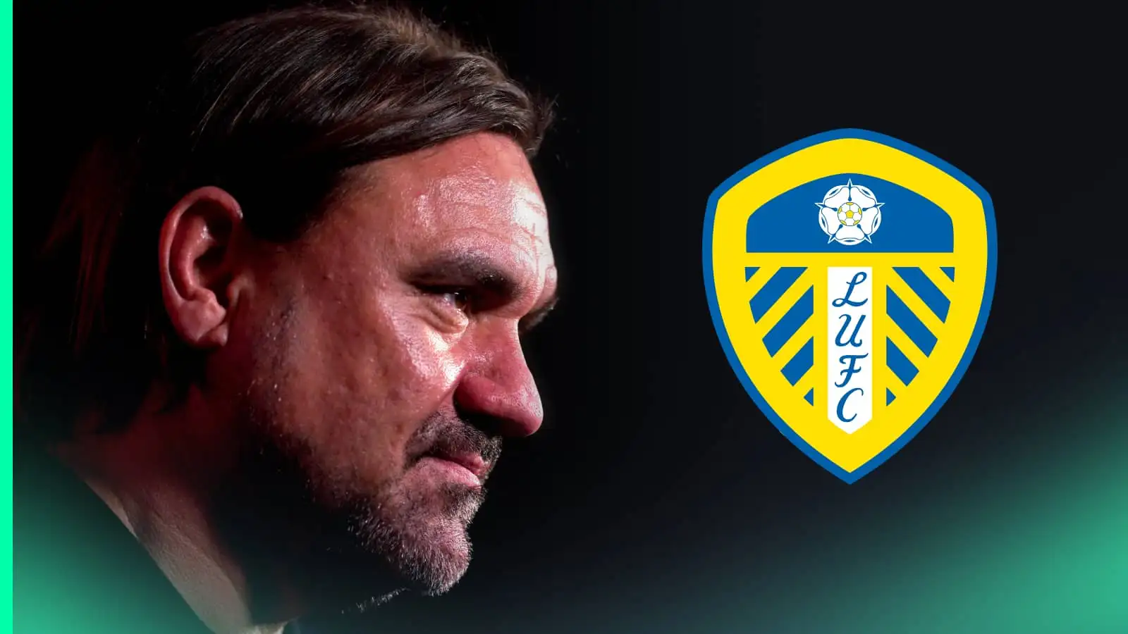 Daniel Farke with a prominent Leeds United badge alongside him