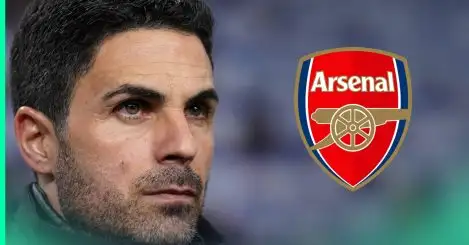 A close-up shot of Mikel Arteta with a prominent Arsenal badge alongside him