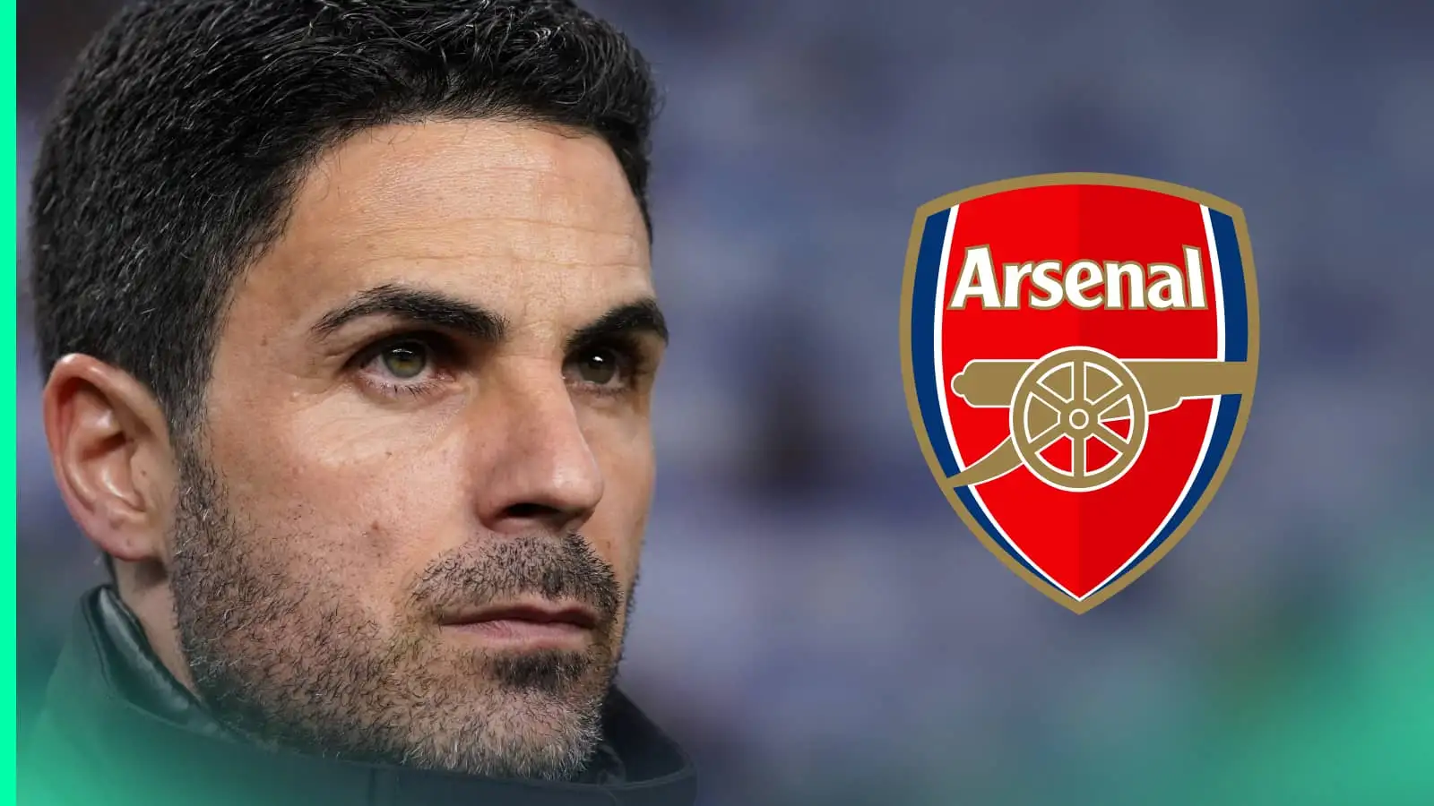 A close-up shot of Mikel Arteta with a prominent Arsenal badge alongside him
